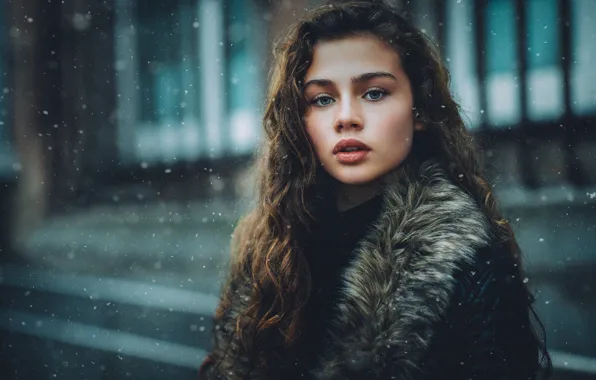 Взгляд, девушка, снег, волосы, портрет, Daniel Bidiuk