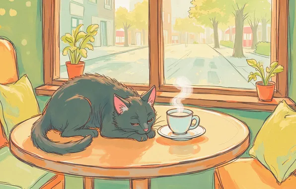 Кошка, кот, поза, уют, дом, стол, серый, чай