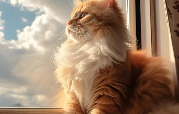 Кошка, небо, взгляд, стекло, облака, свет, поза, котенок