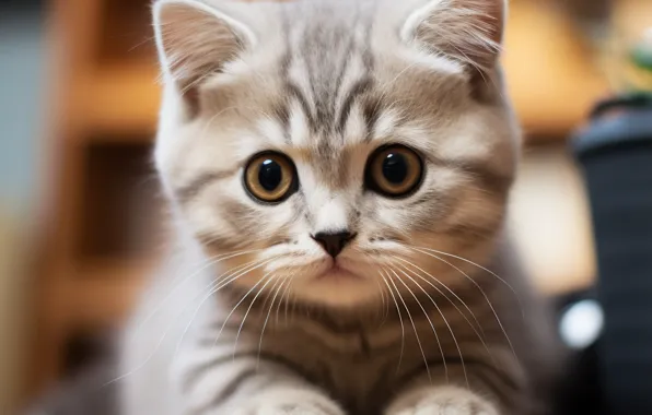 Кошка, взгляд, поза, котенок, серый, портрет, мордашка, полосатый