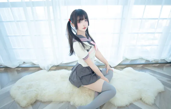 Asian, school uniform, twintails, model, women, cosplay, Mafuyu Kagurazaka