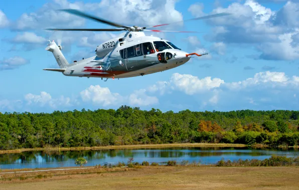 Картинка небо, деревья, река, вертолет, берега, многоцелевой, Sikorsky, S-76D