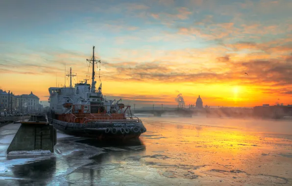 Город, река, берег, корабль, набережная, Нева, Санк-Петербург