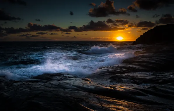 Clouds, Coast, Water, Sunset, Ocean, Gold, Stones, Waves