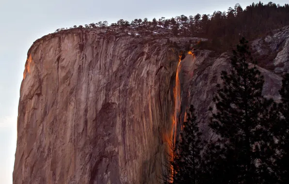 Деревья, закат, огни, скала, гора, водопад, Калифорния, США