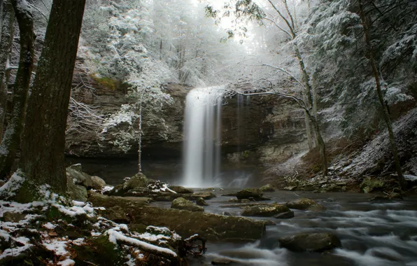 Картинка зима, иней, лес, снег, река, водопад, поток