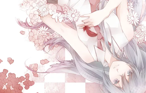 Картинка девушка, цветы, перо, арт, галстук, vocaloid, hatsune miku