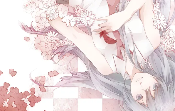 Девушка, цветы, перо, арт, галстук, vocaloid, hatsune miku
