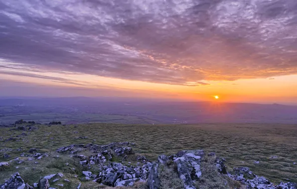 Облака, закат, Англия, долина, Девон, Dartmoor National Park