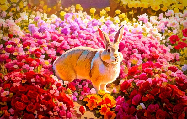 Лето, свет, цветы, природа, заяц, сад, кролик, рыжий