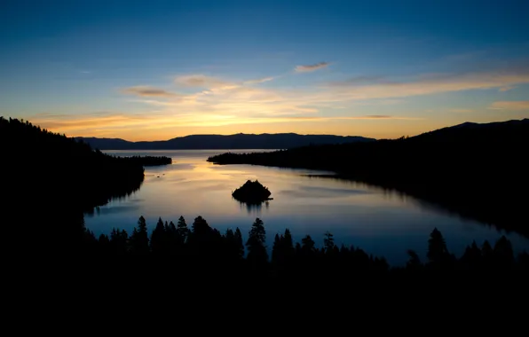 Картинка лес, горы, рассвет, утро, США, california, sunrise, lake tahoe