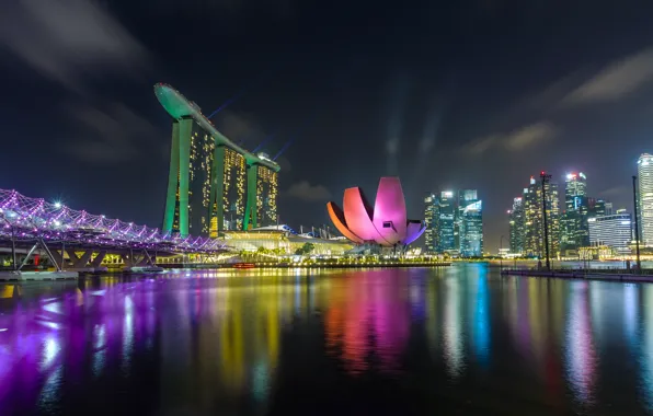 Картинка ночь, река, фото, здания, Сингапур