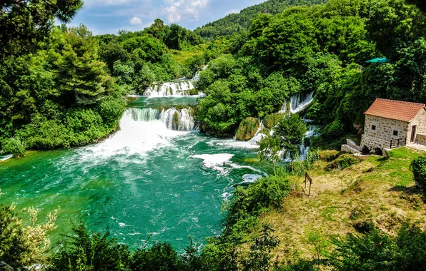 Картинка лес, природа, парк, река, фото, водопады, Хорватия, Krka