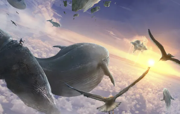 Картинка облака, flying whales, киты, небо, летят