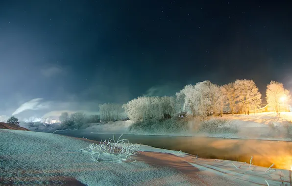 Картинка зима, иней, снег, река, Ночь
