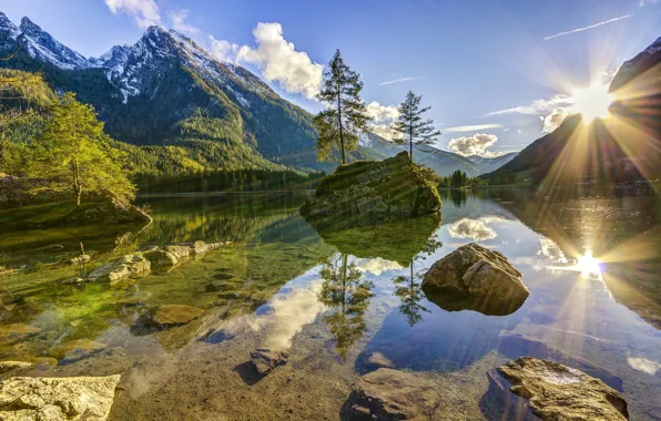 Картинка солнце, озеро, отражение, Германия, Бавария, Germany, Bavaria, Lake Hintersee