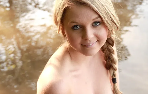 Girl, sexy, river, green eyes, long hair, nature, boobs, smile