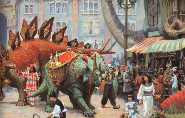 Картинка динозавры, базар, фантастическая живопись ХХ века, JAMES GURNEY