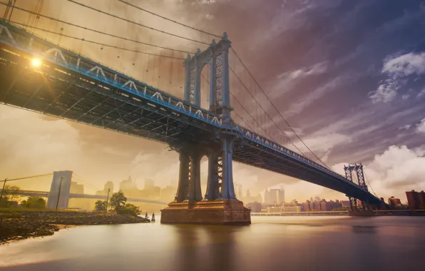 Картинка пейзаж, мост, город, дома, NYC, Manhattan Bridge