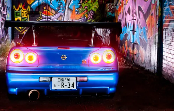 Картинка синий, граффити, фары, Nissan, ниссан, blue, Skyline, R34