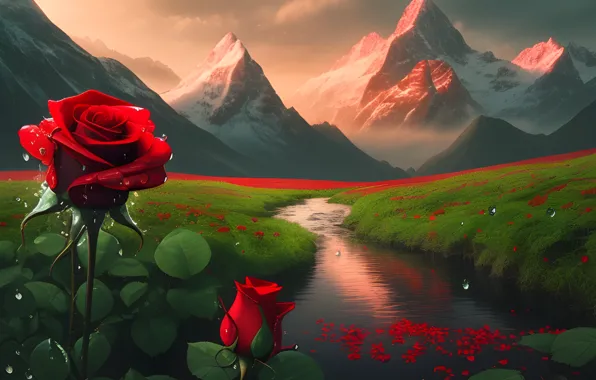 Картинка fantasy, mountains, snowy, red roses, landscap