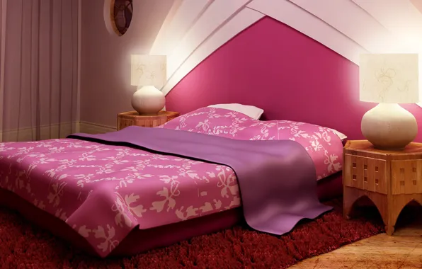 Картинка дизайн, ковер, белье, лампа, интерьер, подушки, покрывало, розовое