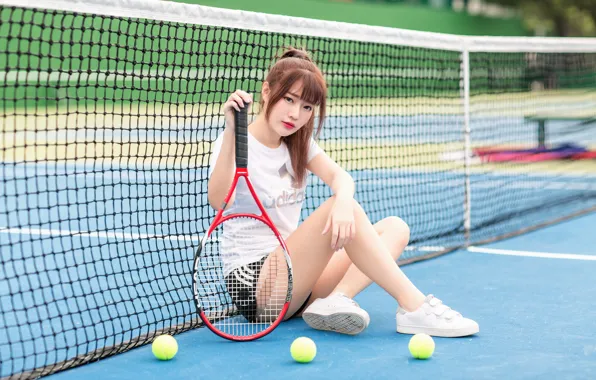 Взгляд, сетка, ракетка, спортсменка, рыжие волосы, red hair, look, теннисный корт