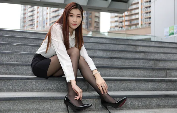 Look, asian, pose, long legs, gesture, dark stockings, sitting on the steps