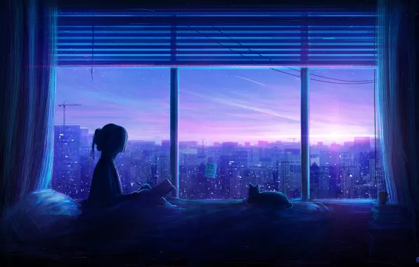Картинка кошка, девушка, город, интерьер, сумерки, by RicoDZ