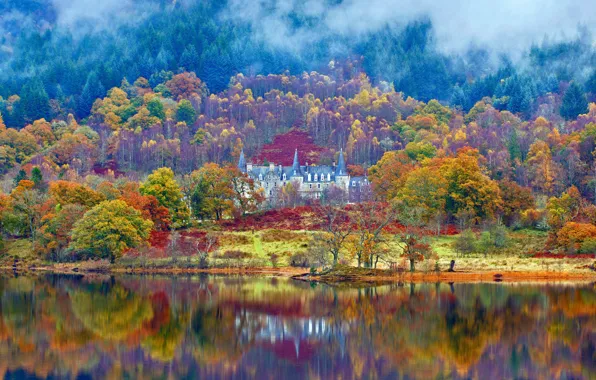 Картинка осень, деревья, Шотландия, Castle, Trossachs National Park, Scotlan, живописный пейзаж, Национальный Парк Троссакс