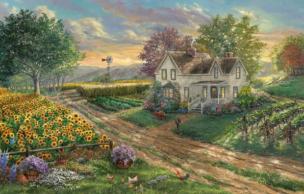 House, sunset, flowers, windmill, Thomas Kinkade, wheelbarrow, poultry, grapevine