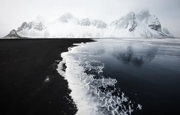 Beach, monochrome, Iceland, Vestrahorn