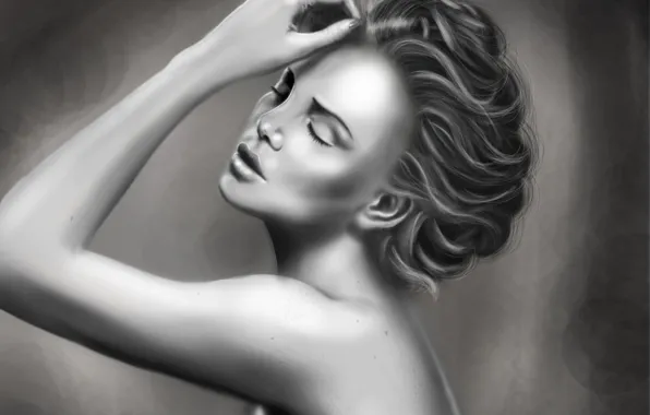 Картинка девушка, лицо, волосы, черно-белая, рука, арт, прическа, живопись