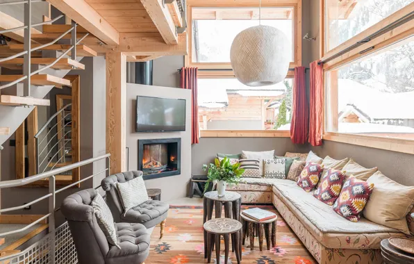 Дизайн, стиль, интерьер, Альпы, камин, гостиная, Alpes Du-Nord Chalet Terre, Шале