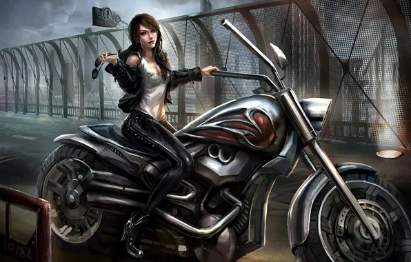 Картинка девушка, мост, очки, мотоцикл, латекс, Арт