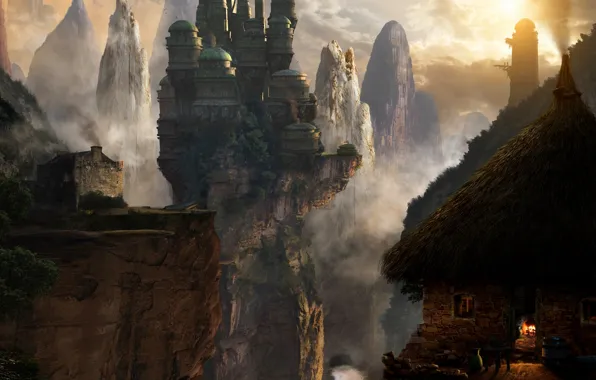 Картинка закат, горы, туман, замок, скалы, огонь, водопад, башни