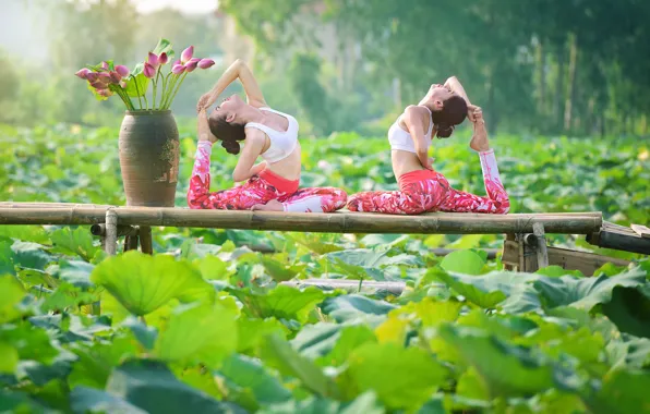 Лето, листья, природа, девушки, гимнастика, йога, ножки, азиатки
