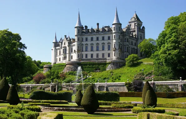 Парк, замок, сад, Шотландия, фонтан, Scotland, Castle, Sutherland
