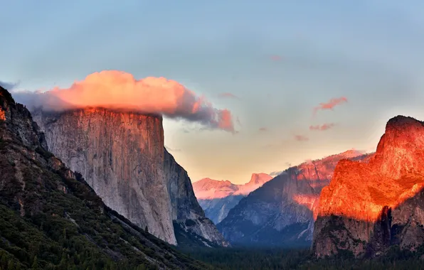 Лес, небо, облака, деревья, горы, США, Национальный парк Йосемити, Yosemite National Park