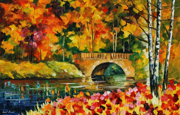 Картинка осень, листья, вода, деревья, мост, речка, живопись, Leonid Afremov