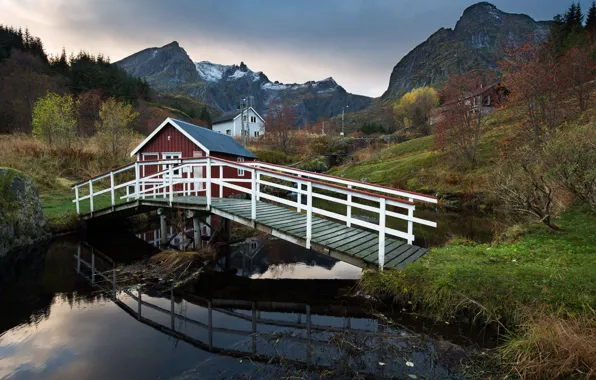 Картинка пейзаж, горы, природа, отражение, ручей, дома, деревня, Норвегия