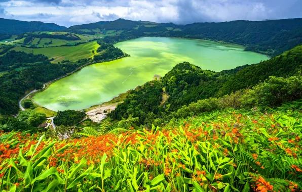 Картинка горы, озеро, Португалия, Азорские острова, Furnas Lake