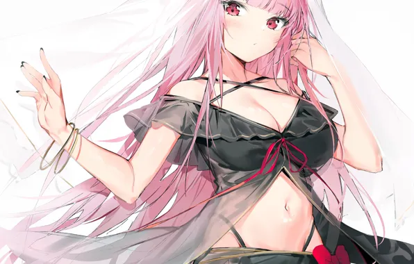 Girl, sexy, lingerie, cleavage, blouse, panties, pink hair, long hair