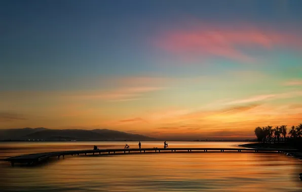 Закат, мост, река