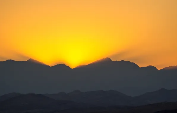 Twilight, sunset, mountains, hills, dusk, sunlight, silhouettes, sunray