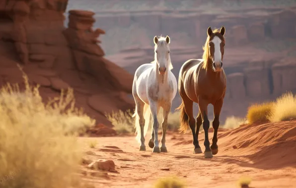 Desert, horses, sun rays