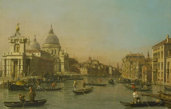 Картинка лодка, картина, Венеция, гондола, городской пейзаж, Каналетто, Вход в Гранд-Канал
