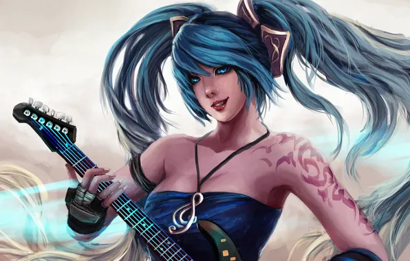 Картинка девушка, гитара, арт, синие волосы, League of Legends, sona, Maven of the Strings