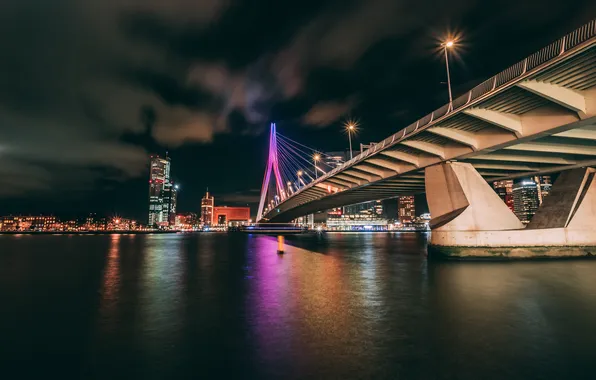 Ночь, мост, огни, река, берег, дома, Нидерланды, Rotterdam