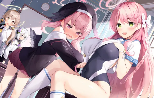 Sexy, school uniform, pink hair, long hair, girls, anime, wings, beautiful